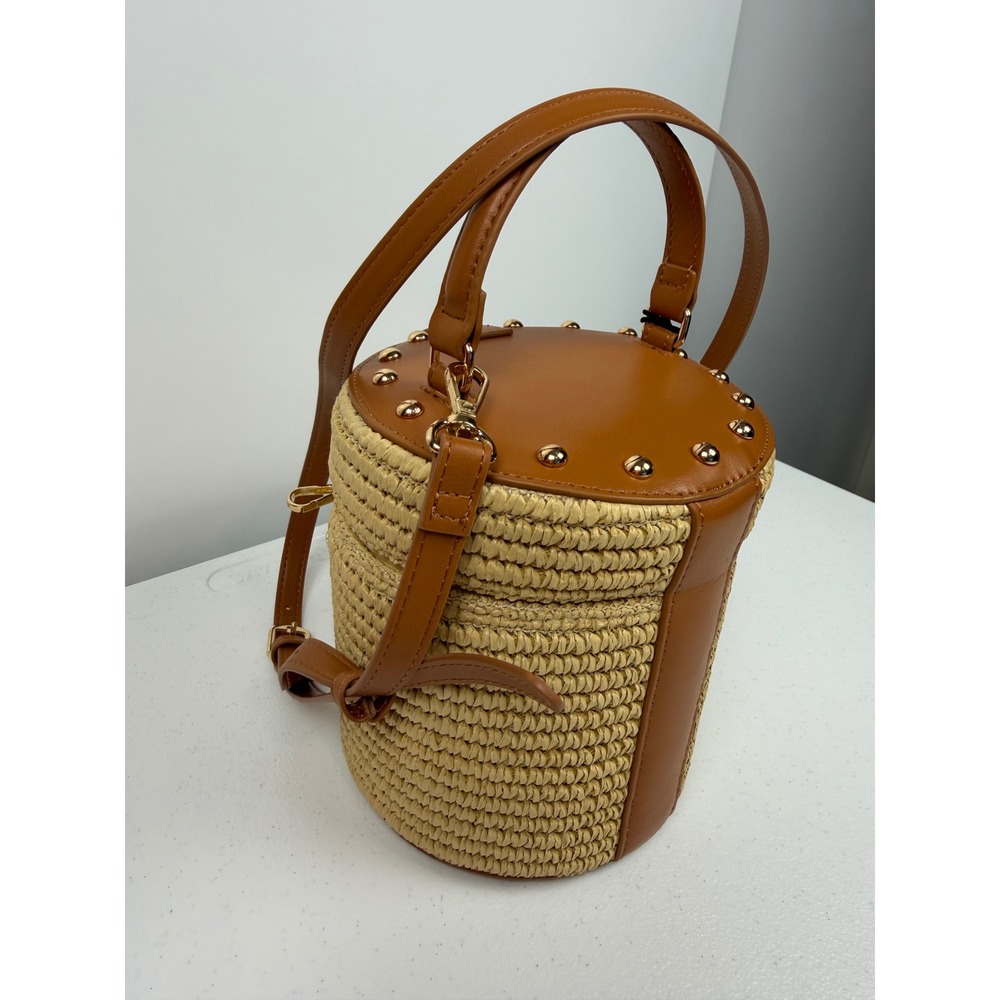 Rachel Zoe Straw Bucket Bag Tan Faux Leather Studded Crossbody Handbag NEW - Picture 4 of 11